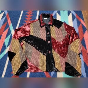 Parsley & Sage Patchwork Velvet Coat Jacket Womens Medium Red Black Gold Art